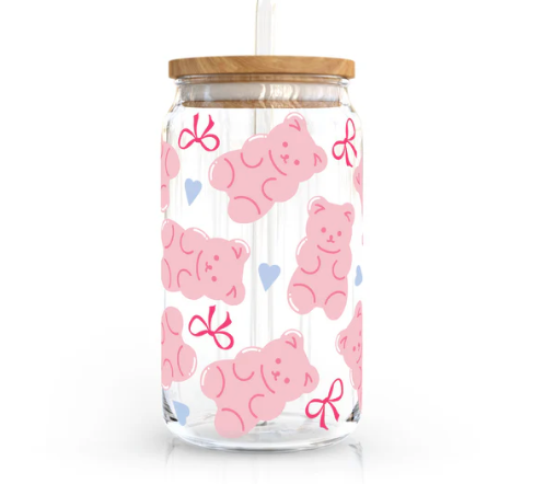 16 Oz Bears & Bow Glass Cup